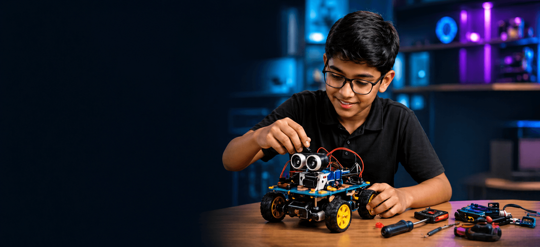 Student building robot at Mech-E-Tron