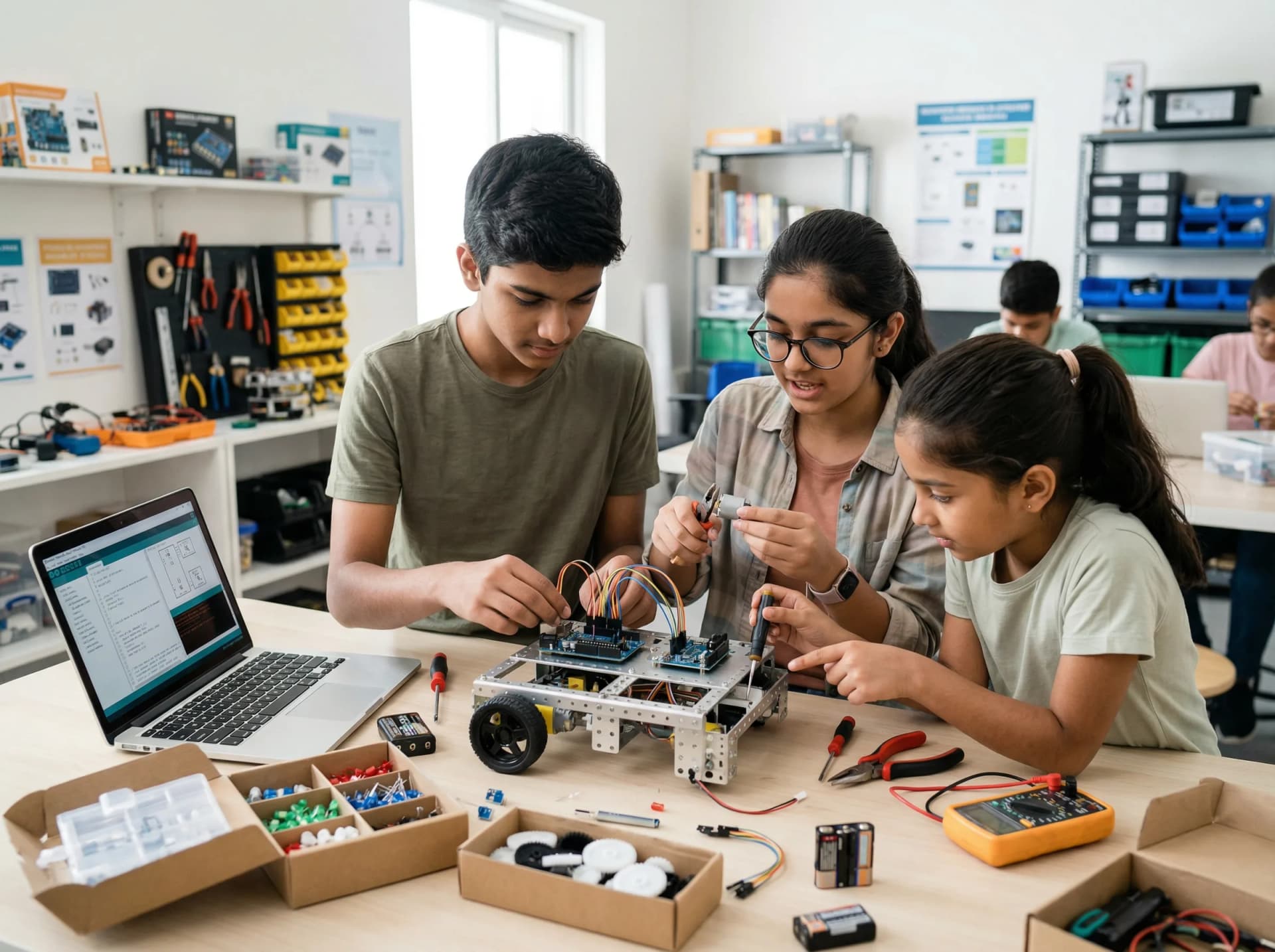 Students building robots at Mech-E-Tron lab