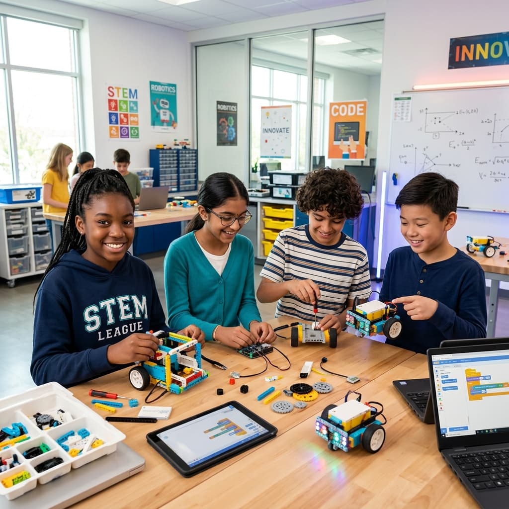 Students in robotics classroom environment